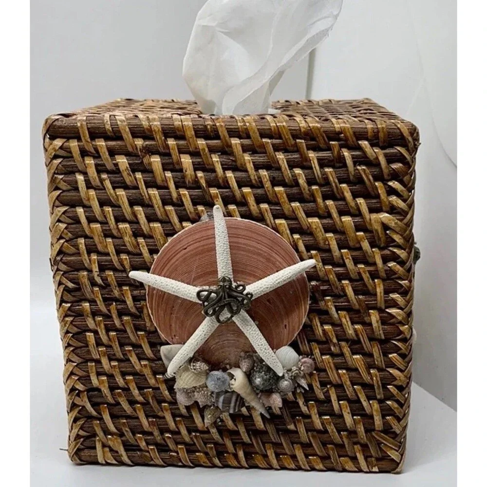 Coastal Starfish One Of A Kind Hand Decorated Rattan Tissue Box Cover Decor